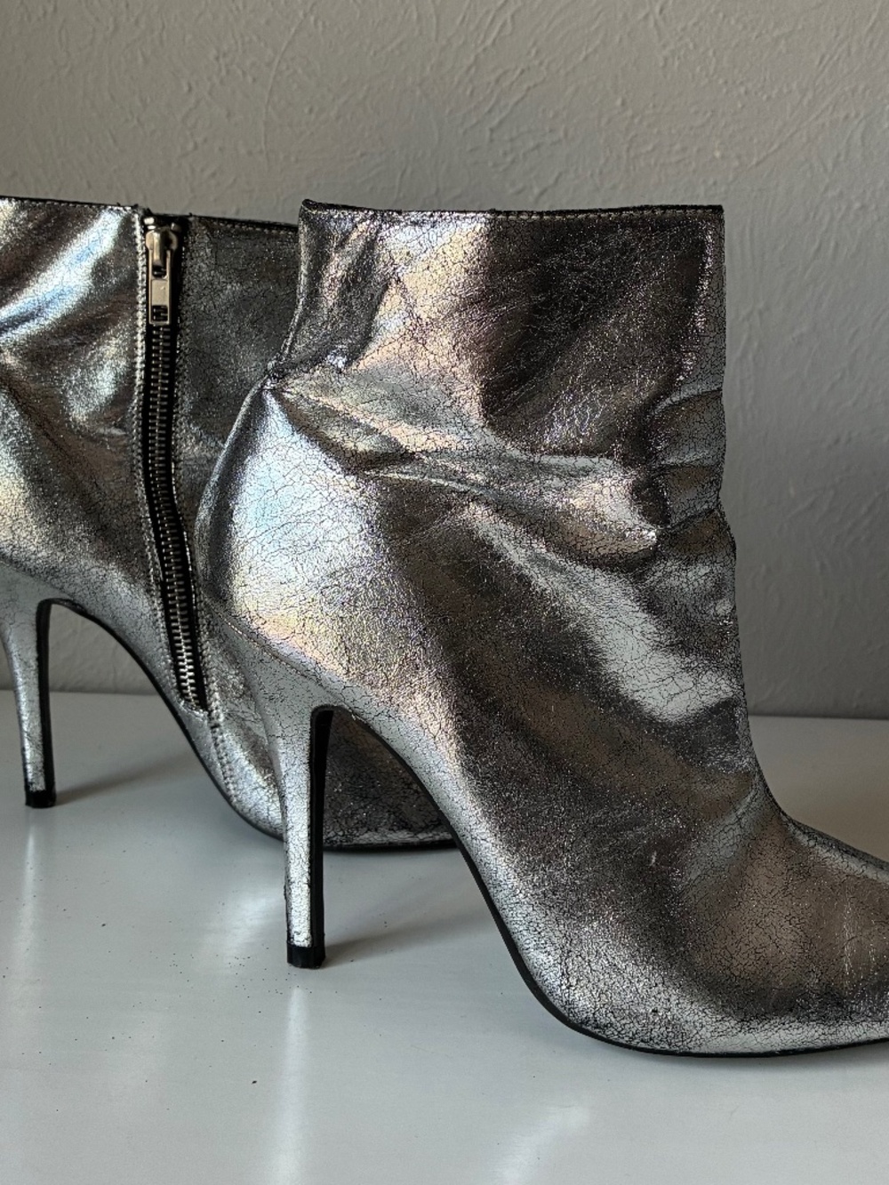 Distressed Metallic Silver Ankle Booties | Pointed Toe | Size 9